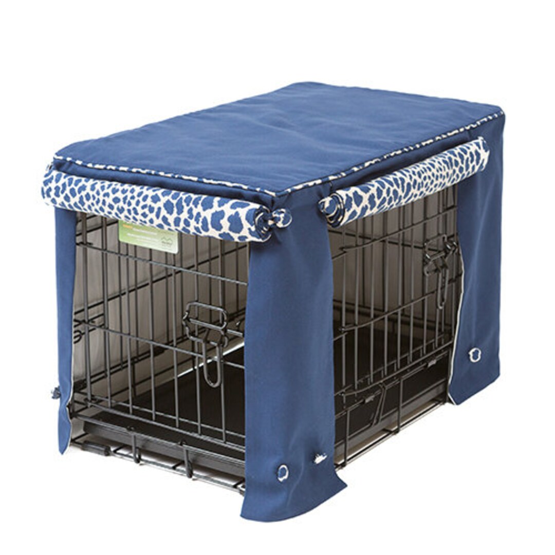 Image showcasing Indigo Blue With Leopard Print Dog Crate Cover- Designer - Etsy