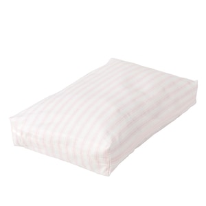 May include: A white and pink striped rectangular cushion. The cushion is made of a soft, textured fabric.