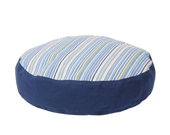 Juego de cama redonda para perros - Sarga azul marinero con rayas azul sierra sobre azul