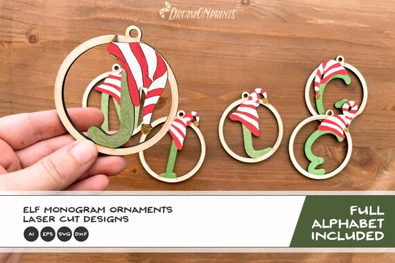 Monogram Ornaments Laser Cut Designs | Elf Hats Ornament