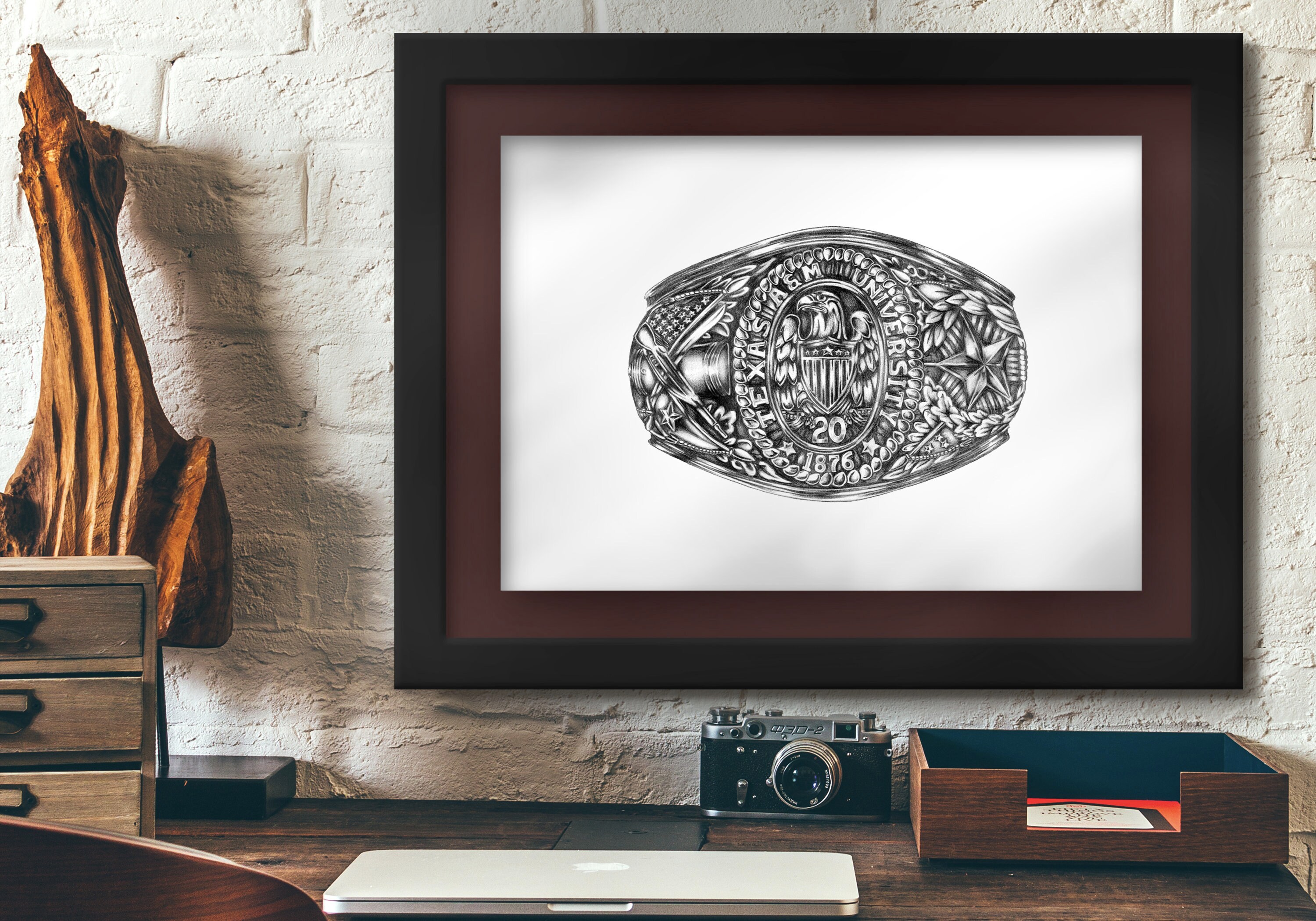 Hand Drawn Texas A & M Aggie Ring Art, Graduation Gift