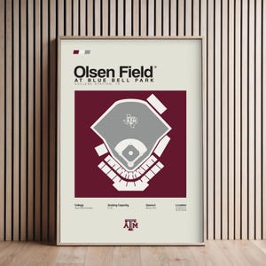 May include: Framed print of Olsen Field at Blue Bell Park in College Station, TX. The baseball field diagram is in gray and white on a maroon background. The text includes the field name, location, and the Texas A&M logo.