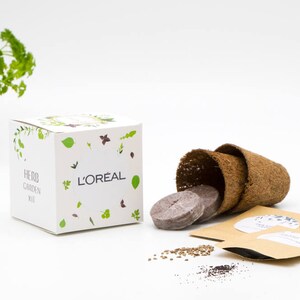 May include: A white box with the text "HERB GARDEN KIT" and "L'OREAL" on it. The box contains three small brown pots, three seed discs, and two packets of seeds. The box is on a white surface.