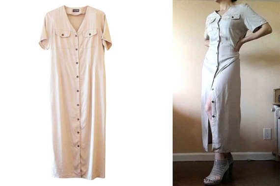 90's HALSTON Khaki Dress Size 10, Beige Long Dress