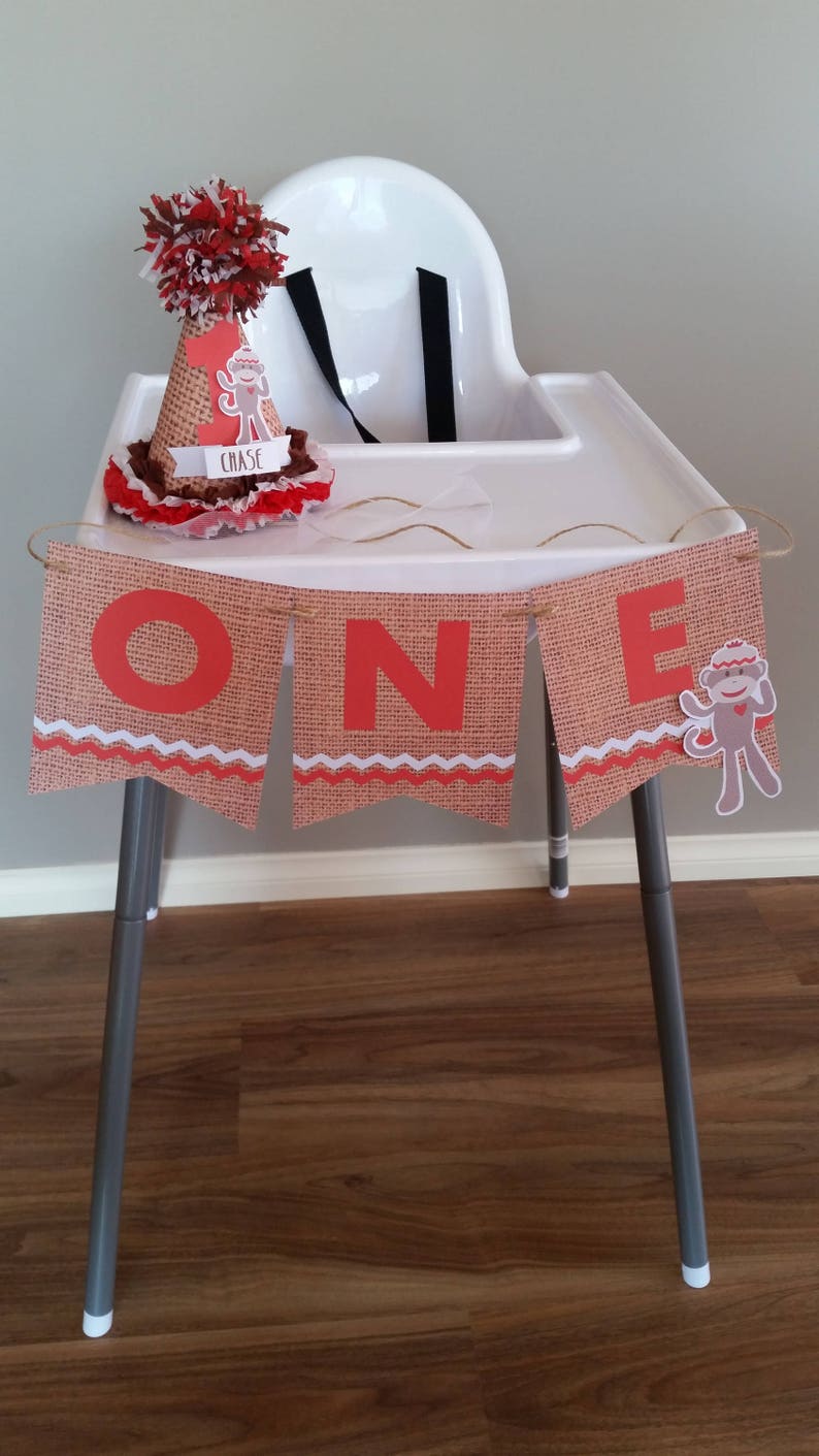 Sock Monkey ONE High Chair Bunting Banner ONE Banner Custom Made Hessian Look 1st First Birthday Decoration