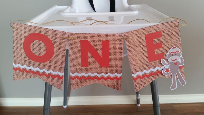 Sock Monkey ONE High Chair Bunting Banner ONE Banner Custom Made Hessian Look 1st First Birthday Decoration