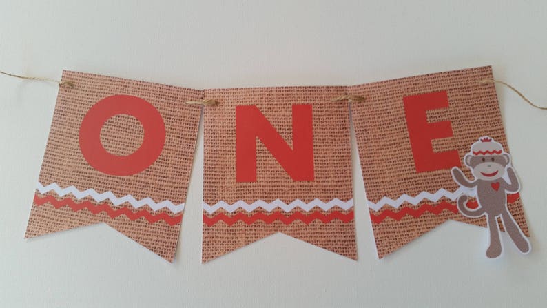 Sock Monkey ONE High Chair Bunting Banner ONE Banner Custom Made Hessian Look 1st First Birthday Decoration