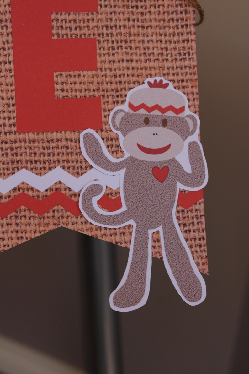 Sock Monkey ONE High Chair Bunting Banner ONE Banner Custom Made Hessian Look 1st First Birthday Decoration