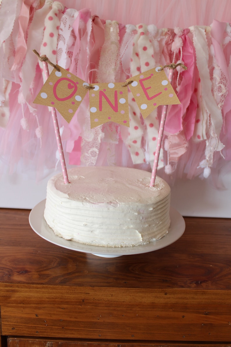 Rustic Natural Hessian Look Pink Polka Dot Handmade Cake Bunting 1st 2nd Birthday Custom Made Personalized Number