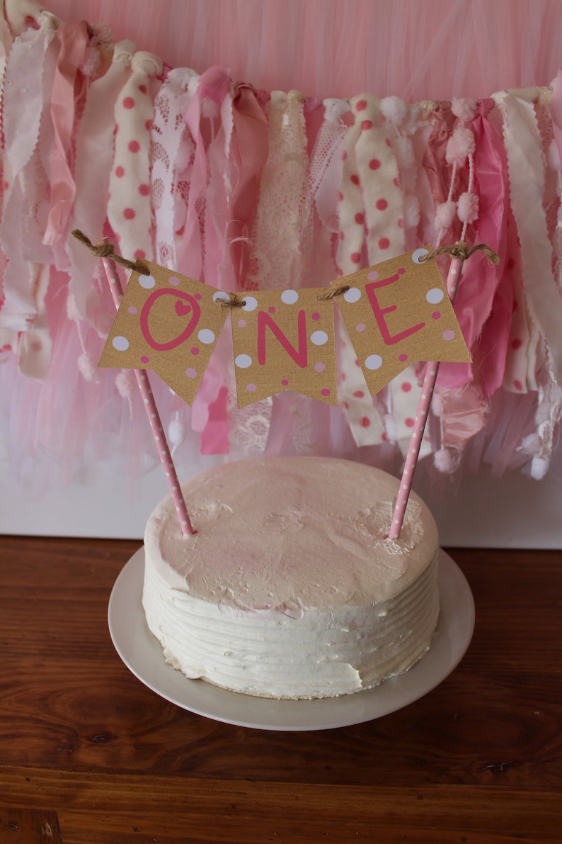 Rustic Natural Hessian Look Pink Polka Dot Handmade Cake Bunting 1st 2nd Birthday Custom Made Personalized Number