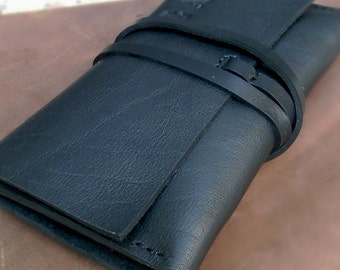 Leather Tobacco pouch Leather black wallet Handcrafted leather pouch Leather tobacco wallet