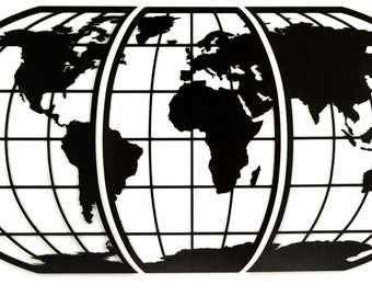 May include: A black and white illustration of a globe with a grid pattern. The continents are outlined in black.
