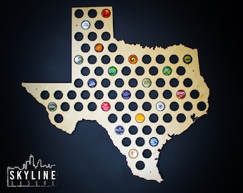 Texas Beer Cap Map TX - Maple Wood - Semi-Gloss Finish - Wood Beer Cap Holder - Craft Beer Cap