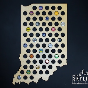 Indiana Beer Cap Map IN - Maple Wood - Semi-Gloss Finish - Wood Beer Cap Holder - Craft Beer Cap