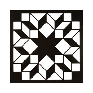 May include: Black and white geometric design with a star shape in the center. The design is made up of squares and triangles.