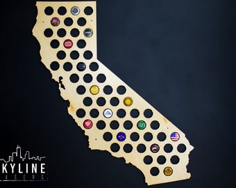 California Beer Cap Map CA - Maple Wood - Semi-Gloss Finish - Wood Beer Cap Holder - Craft Beer Cap