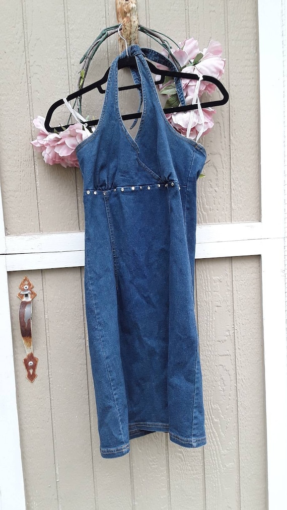 Upcycled denim halter dress, vintage boho jean dr… - image 1