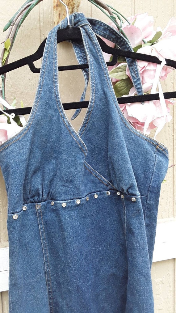 Upcycled denim halter dress, vintage boho jean dr… - image 2