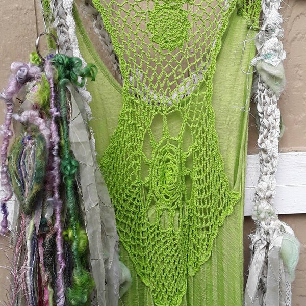 Altered couture dress, boho dress, vintage fabrics , upcycled clothing, spring green's, lace insert  , beach dress,