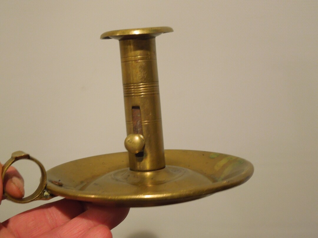 Antique Brass Chamber Stick Candle Holder, Primitive Candlelight, Push