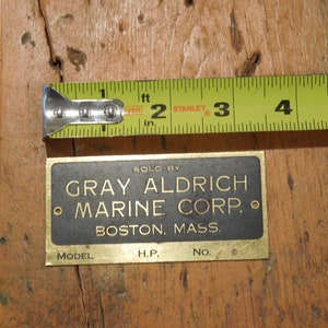 Rare étiquette en laiton pour moteur de tracteur, Gray Aldrich Marine Corp. Boston, Massachusetts, livraison gratuite image 3