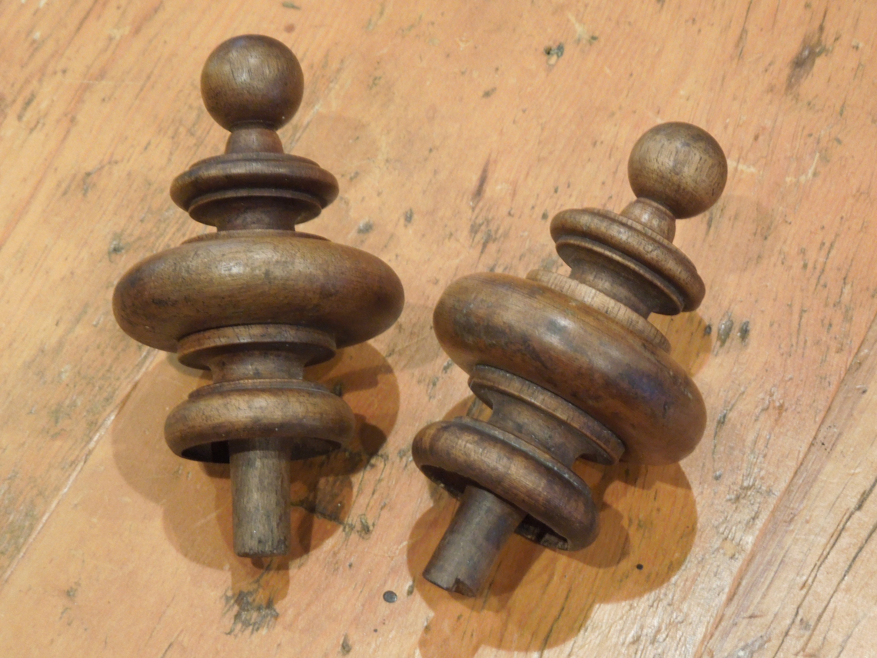 4.7 Antique French Walnut Wood Finials Pair - Newel Post Finial