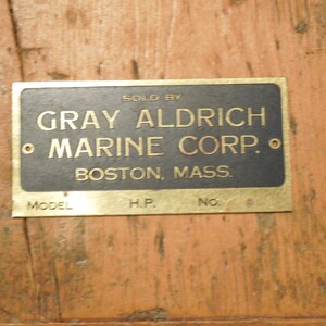 Rare étiquette en laiton pour moteur de tracteur, Gray Aldrich Marine Corp. Boston, Massachusetts, livraison gratuite image 2