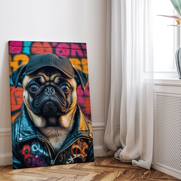 Mops Hund - Street Art - Leinwand - Wandbild Wand Kunst Home Decor Druck Bild Haustier Liebhaber