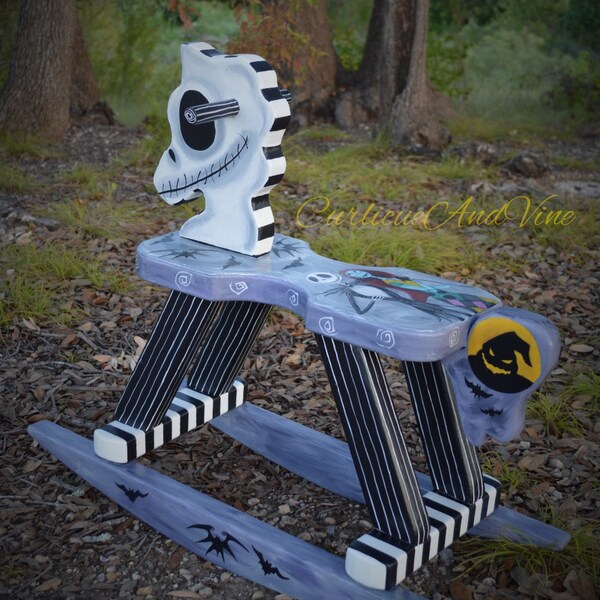 Nightmare Before Christmas Inspired-Baby-Nursery-Rocking Horse - Art - Hand Painted - Jack Skellington - Sally Skellington-Baby-Boy-Girl