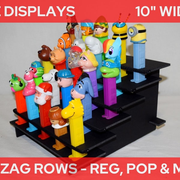 Zigzag Rows 10" Wide PEZ Dispenser Display Shelf Stadium Style - Fits Regular, Pop, and Mini Pez - Black or White - Height/Depth Variations