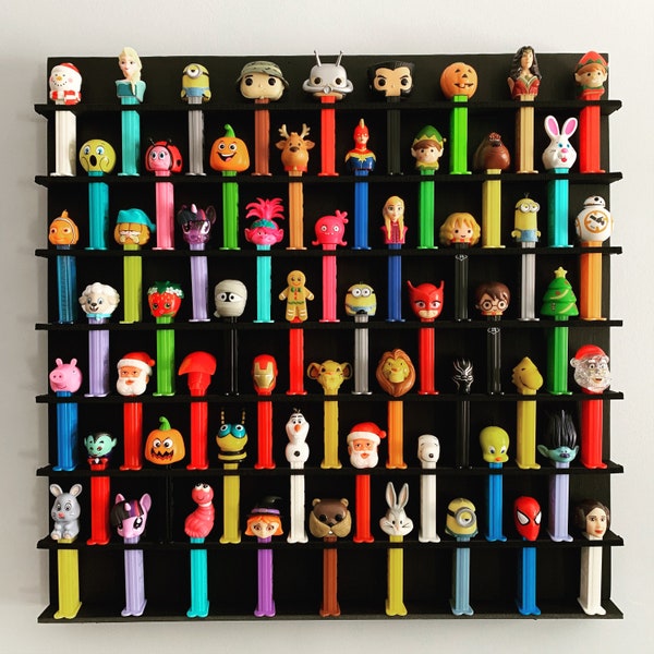 60 Wall PEZ Dispenser Display - Holds 60 - 22" x 22" Pine Wood - Clear Coat, Paint, & Stain Options