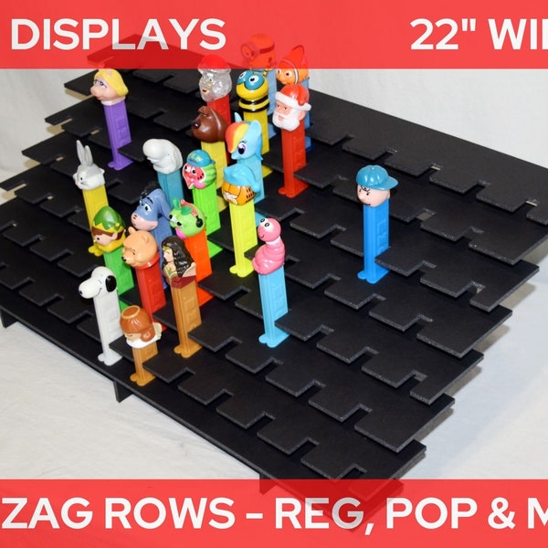 Zigzag Rows 22" Wide PEZ Dispenser Display Shelf Stadium Style - Fits Regular, Pop, and Mini Pez - Black or White - Height/Depth Variations