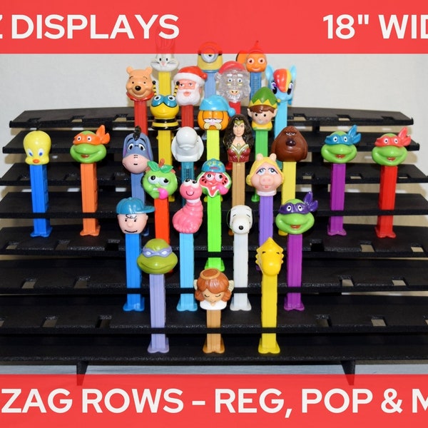 Zigzag Rows 18" Wide PEZ Dispenser Display Shelf Stadium Style - Fits Regular, Pop, and Mini Pez - Black or White - Height/Depth Variations