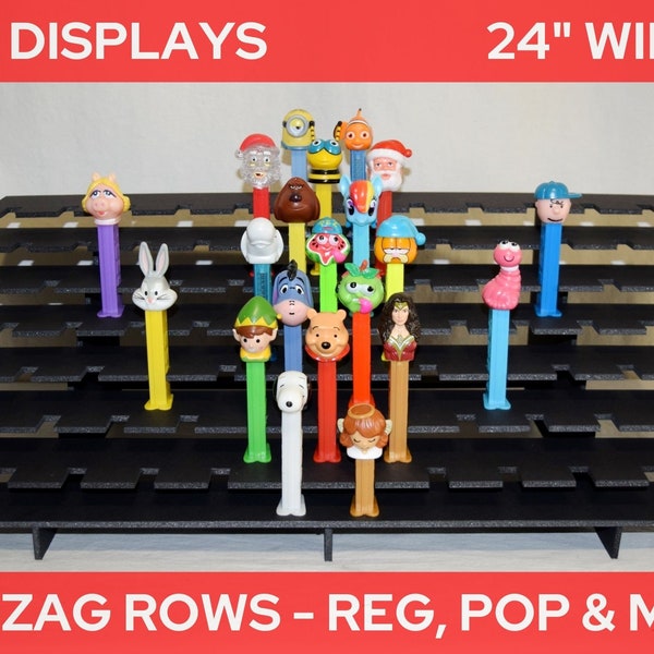 Zigzag Rows 24" Wide PEZ Dispenser Display Shelf Stadium Style - Fits Regular, Pop, and Mini Pez - Black or White - Height/Depth Variations