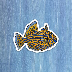 Könnte beinhalten: Ein Aufkleber eines Fisches mit leuchtend gelbem Körper und blauen Streifen, der einen weißen Rand aufweist und den Text @DANOCUTEFISH in kleinen schwarzen Buchstaben nahe der unteren rechten Flosse trägt, eine detaillierte Illustration eines Meerestiers.