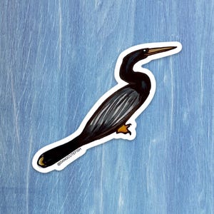 Peut inclure: Une illustration autocollante d'un anhinga avec un long cou fin, un bec pointu et un plumage noir foncé avec des détails d'ailes gris. L'oiseau a un petit pied orange visible et le texte @DANGCUTEFISH est imprimé sur sa queue.
