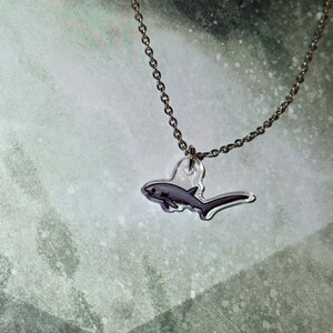 May include: Silver-toned chain necklace with a clear pendant featuring a black and gray shark design. The shark pendant is a detailed illustration of the marine animal. The necklace is a simple, elegant piece of jewelry.