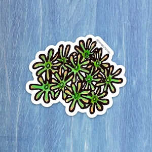 May include: A sticker featuring a cluster of stylized green flowers with black outlines and a white border. The flowers have a central yellow-orange circle. The sticker is on a blue wooden surface. The text "@DANGCUTEFISH" is visible.