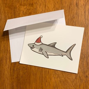 Santa Shark Weihnachtskarte Set - 10 Karten und Umschläge - große weiße Hai, Glitter Hut