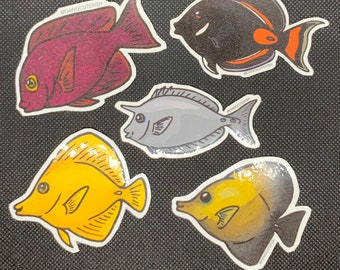 Tang / Surgeonfish Magnet Set! Set of five cute tangs: Yellow tang, scopas tang, unicorn tang, achilles tang. Aquarist gift, Surgeonfish Gif