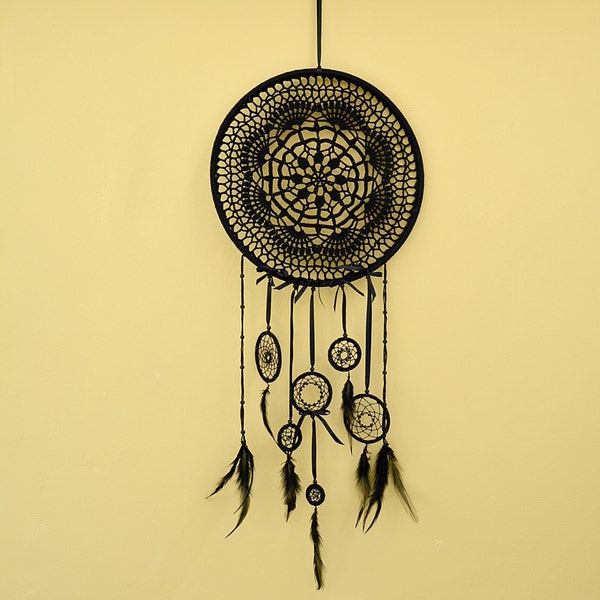 Large Black dreamcatcher, 7 chakras dream catcher,  Crocheted Dreamcatcher, Boho wall decor, Bohemian Lace, Seven Chakras Black Wall hanging