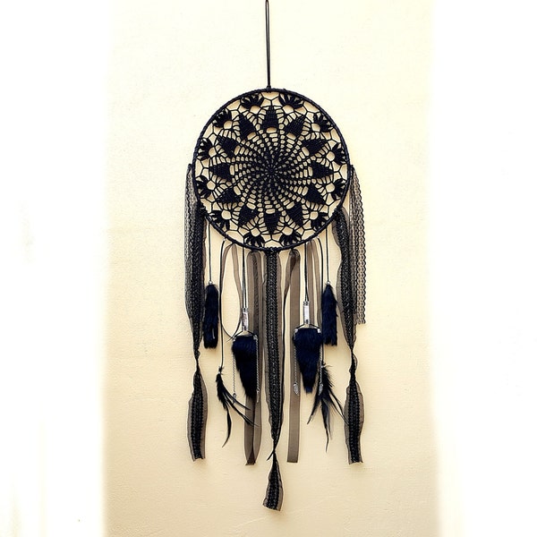Large Black dream catcher,Black and tibetan silver metal dream catcher,  Crocheted Dream catcher Boho Bohemian Lace Wall hangings