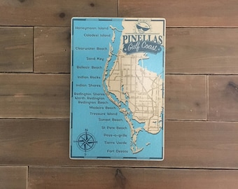 Gulf Beaches Map Sign - Photo on Wood