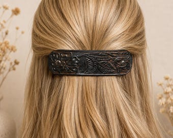 Handmade Tooled Leather Hair Barrette, Black Floral Clip for Thick Hair
