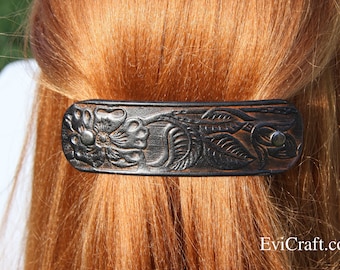 Handmade Black Leather French Barrette – Tooled Floral Hair Clip