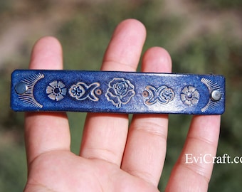 Large Leather hair barrette with floral ornament, blue hair clip, handmade French hair barrette, unique flowers rose