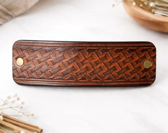 Large Leather French Hair Barrette for Thick Hair, Brown Basket Embossed Hair Clip, Vegetable Tanned Leather, Ponytail Holder