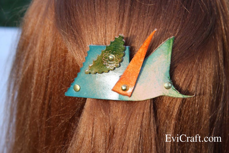 Handmade Leather French hair barrette flowers green leather hair accessory Leather Hair clip asymmetry women Hair Accessory