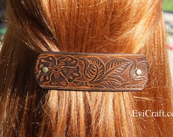 Embossed Leather Hair Barrette, Vegetable Tanned, Extra Long