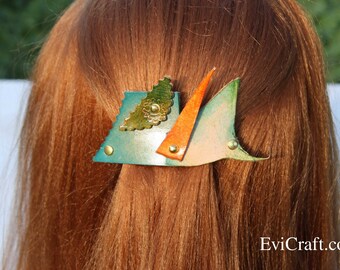 Handmade Leather French hair barrette, Leather Hair clip, women Hair Accessory, flowers green leather hair accessory, asymmetry